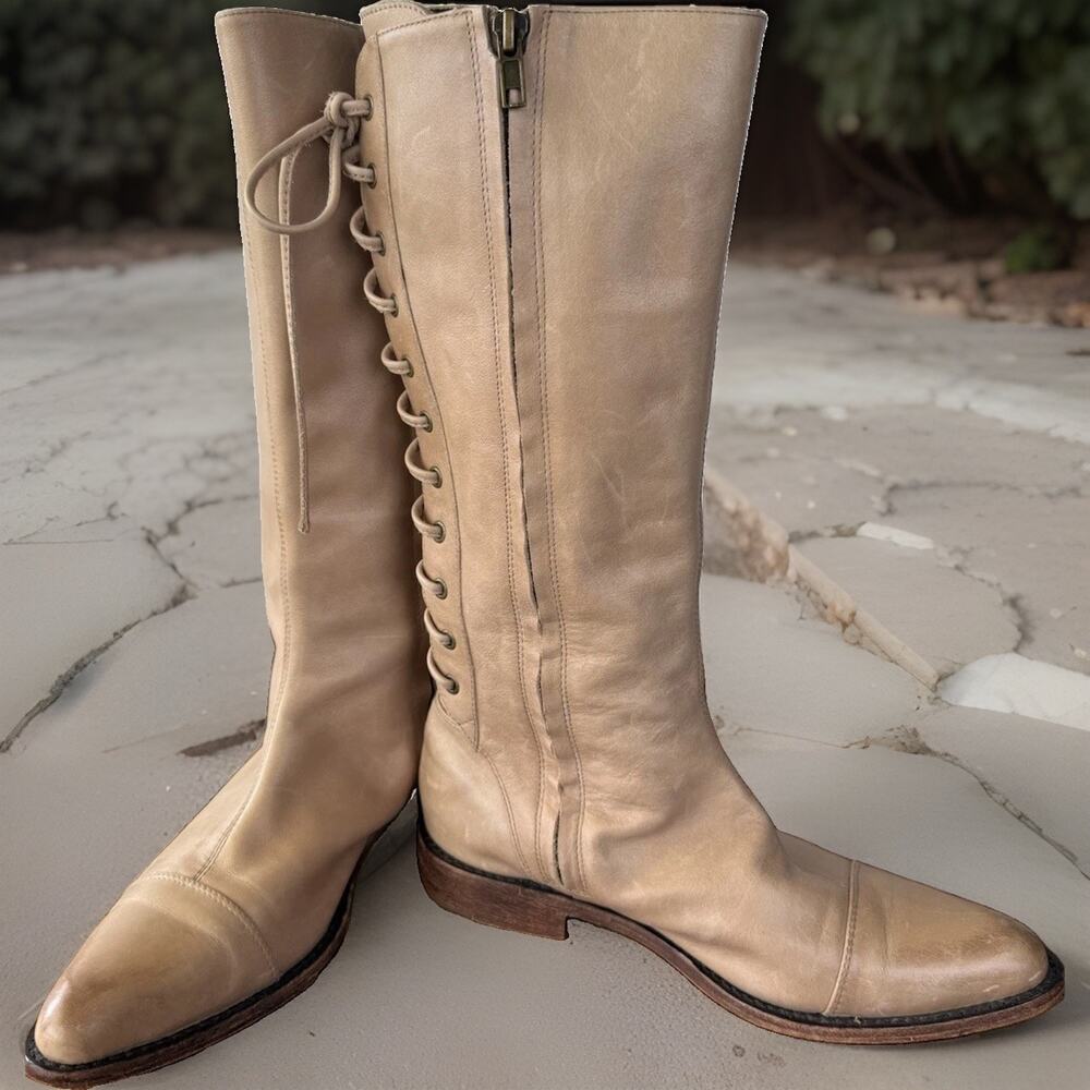Gee WaWa Women’s Leather Knee High Riding Boots Lace Up Back Vero Cuoio Sz 7